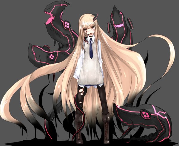 Anime picture 3337x2722 with pixiv shadow masaki (lemegeton36133) long hair highres blonde hair brown eyes absurdres torn pantyhose girl pantyhose necktie monster