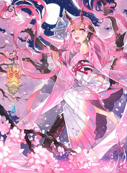 Anime picture 900x1222 with original mansu single tall image fringe open mouth blue eyes sitting pink hair very long hair traditional clothes pink eyes barefoot hair flower horn (horns) night teeth no shoes night sky adjusting hair