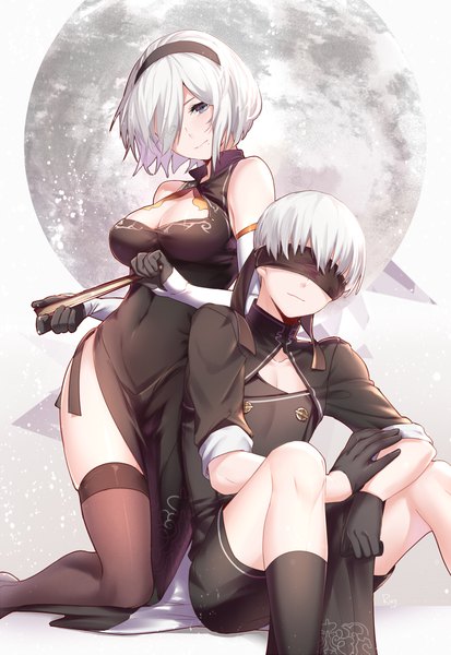 Anime picture 701x1018 with nier nier:automata yorha no. 2 type b yorha no. 9 type s aki663 tall image looking at viewer blush fringe short hair breasts light erotic simple background hair between eyes large breasts white background sitting bare shoulders holding cleavage