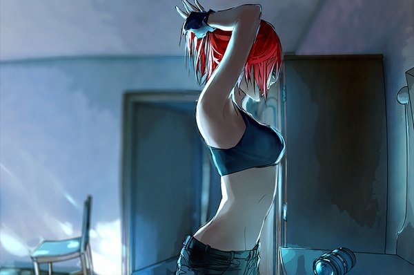 Anime picture 800x531 with fisheye placebo robin soloviev yuumei single standing bare shoulders looking away red hair indoors profile bare belly adjusting hair tying hair girl gloves fingerless gloves chair