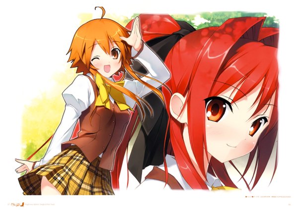 Anime picture 4945x3500 with shinkyoku soukai polyphonica corticarte apa lagranges kogamura uril kantoku long hair blush highres short hair open mouth blonde hair red eyes multiple girls absurdres ahoge red hair one eye closed wink orange hair orange eyes girl