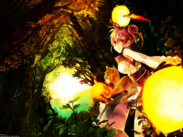 Anime picture 1024x768 with original kaninnvven animal ears pink hair tail pink eyes fox girl evening sunset girl plant (plants) tree (trees) forest lamp