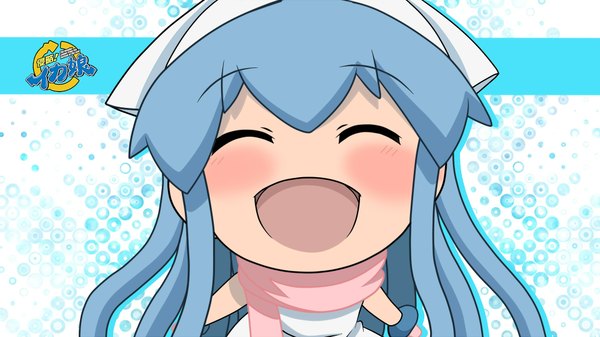 Anime picture 1920x1080 with shinryaku! ika musume ika musume single long hair highres open mouth smile wide image blue hair eyes closed inscription embarrassed girl hat bracelet scarf