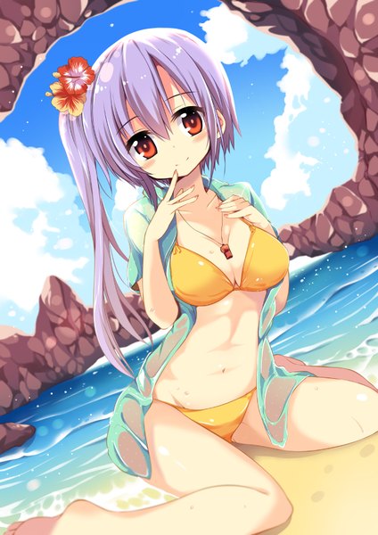 Anime picture 1240x1754 with original matsuri uta single long hair tall image looking at viewer blush breasts light erotic red eyes sitting purple hair ponytail barefoot hair flower light smile bare belly side ponytail wariza wet clothes