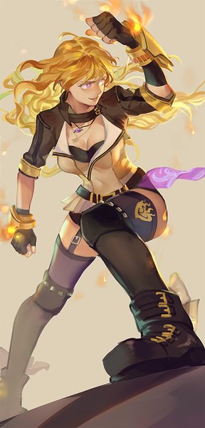 Anime picture 455x945 with rwby rooster teeth yang xiao long yuukaku single long hair tall image fringe breasts simple background blonde hair smile purple eyes looking away cleavage ahoge bent knee (knees) parted lips head tilt open jacket