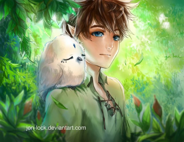 Anime picture 1024x791 with original jon-lock (artist) single short hair blue eyes brown hair looking away eyes closed pointy ears lacing nature boy plant (plants) animal tree (trees) bird (birds) leaf (leaves) forest owl