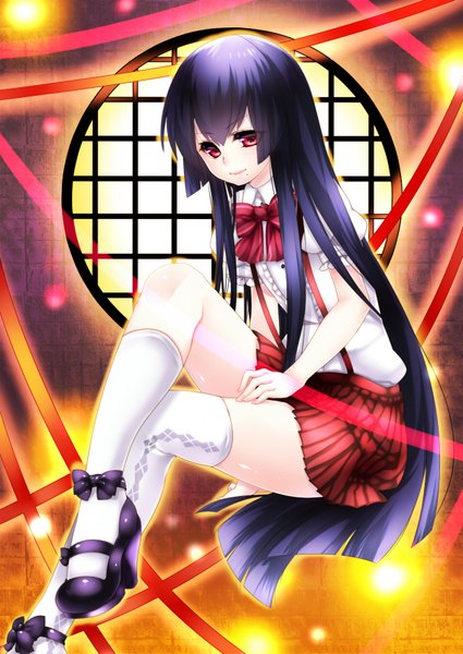 Anime picture 1208x1707 with original yutazou single long hair tall image red eyes purple hair legs crossed legs girl thighhighs skirt miniskirt white thighhighs socks bowtie white socks