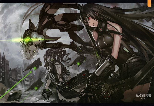 Anime picture 6464x4472 with girls frontline hunter (girls frontline) executioner (girls frontline) scarecrow (girls frontline) infukun long hair looking at viewer fringe highres breasts black hair smile hair between eyes red eyes twintails multiple girls green eyes looking away absurdres grey hair