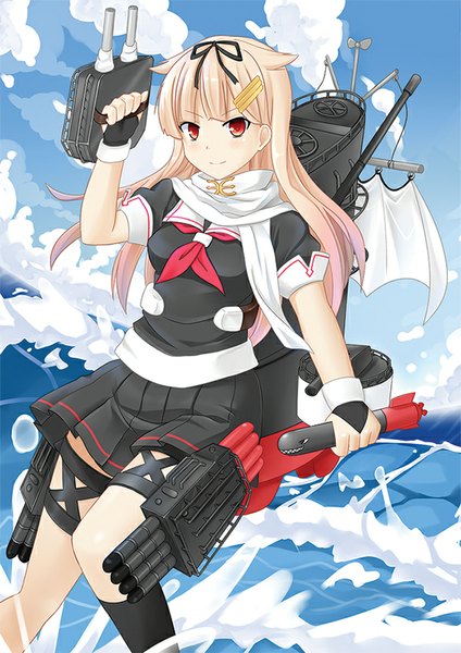 Anime picture 600x849 with kantai collection yuudachi destroyer tsuyohina single long hair tall image looking at viewer blush fringe blonde hair smile red eyes holding sky cloud (clouds) bent knee (knees) multicolored hair gradient hair remodel (kantai collection) girl