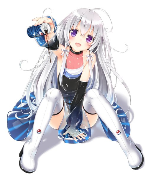 Anime picture 921x1080 with original pepsi kani biimu single long hair tall image blush open mouth smile white background silver hair pink eyes girl dress detached sleeves boots thigh boots