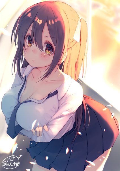 Anime picture 1414x2000 with original chita (ketchup) single long hair tall image looking at viewer blush fringe breasts light erotic hair between eyes brown hair large breasts signed yellow eyes payot cleavage pleated skirt sunlight leaning