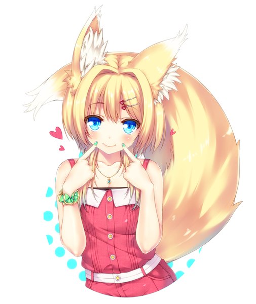 Anime picture 842x1000 with original rayn single tall image looking at viewer blush short hair blue eyes blonde hair smile white background animal ears tail animal tail fox ears fox tail fox girl fingersmile girl hair ornament