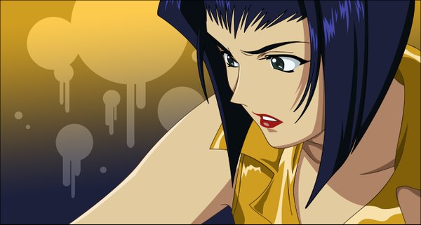 Anime picture 1300x697 with cowboy bebop sunrise (studio) faye valentine morrow single short hair simple background wide image green eyes blue hair lipstick portrait face red lipstick vector girl