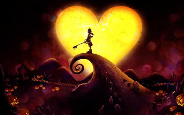 Anime picture 1920x1200 with kingdom hearts square enix sora (kingdom hearts) single highres short hair wide image standing looking away mountain fantasy boy boots heart moon vegetables bridge pumpkin key