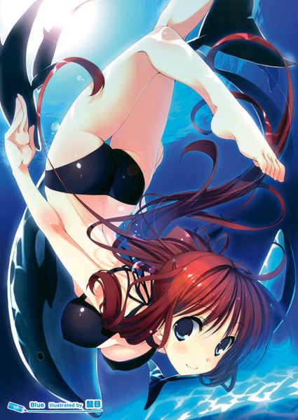 Anime picture 2477x3500 with original kagome (traumatize) single long hair tall image looking at viewer highres blue eyes light erotic smile red hair barefoot underwater girl swimsuit bikini black bikini fish (fishes)