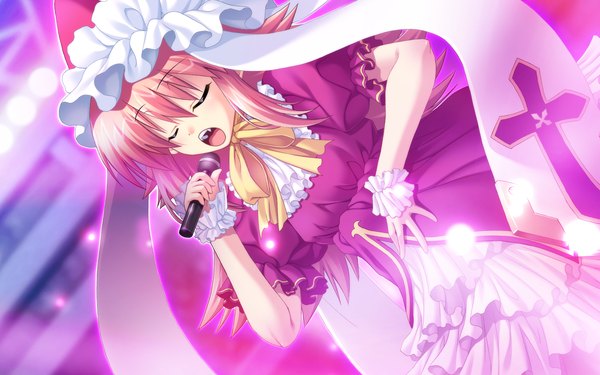 Anime picture 1920x1200 with chu x chu idol chu x chu idol 2 ruuchu astram akifumi ozawa highres open mouth wide image pink hair game cg eyes closed girl dress microphone