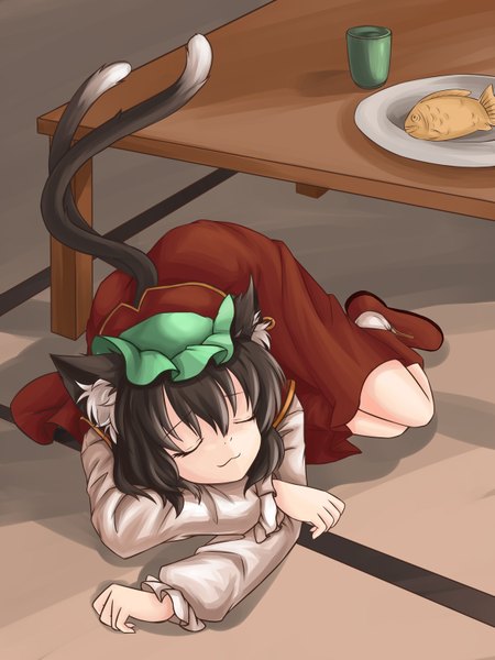 Anime picture 2362x3149 with touhou chen single tall image highres short hair black hair animal ears eyes closed animal tail cat ears cat tail sleeping multiple tails girl skirt bonnet table skirt set fish (fishes)