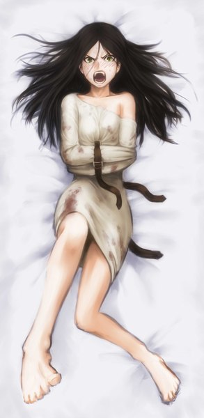 Anime picture 1000x2044 with american mcgee's alice (game) alice: madness returns alice (wonderland) alice (american mcgee's) seramiku single long hair tall image looking at viewer blush open mouth black hair simple background white background green eyes lying bondage dakimakura (medium) angry messy hair