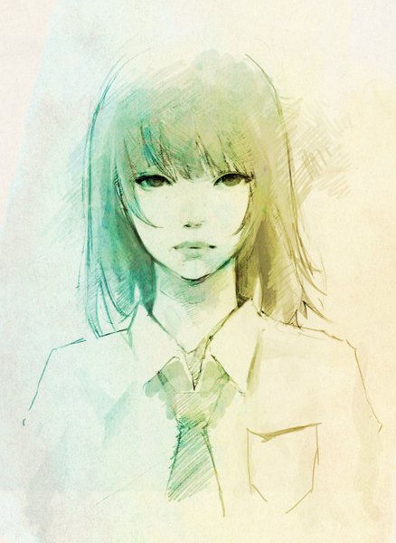 Anime picture 974x1333 with original wataboku single tall image looking at viewer fringe short hair simple background monochrome partially colored girl shirt necktie