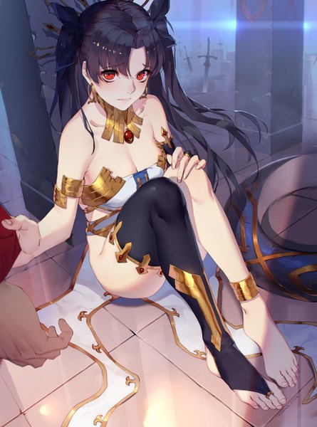 Anime picture 1786x2406 with fate (series) fate/grand order ishtar (fate) archer (fate) daye bie qia lian long hair tall image looking at viewer highres breasts light erotic black hair red eyes sitting bare shoulders cleavage two side up solo focus hand on knee asymmetrical legwear