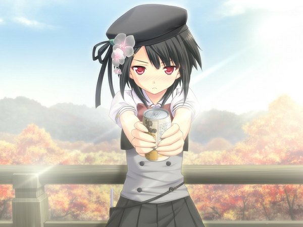 Anime picture 1024x768 with kitto, sumiwataru asairo yori mo (game) short hair black hair red eyes game cg girl serafuku