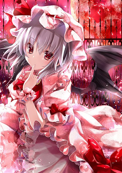 Anime picture 568x800 with touhou remilia scarlet kino (kino konomi) single tall image looking at viewer blush short hair red eyes sky silver hair finger to mouth black wings demon wings red sky girl dress bow wings fence