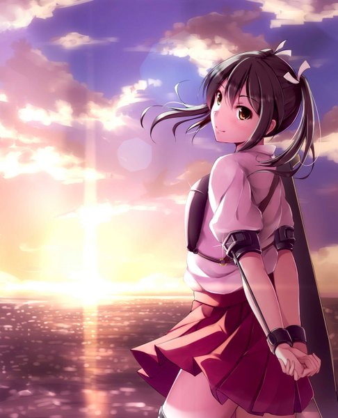 Anime picture 1127x1391 with kantai collection zuikaku aircraft carrier nicoby single long hair tall image blush black hair smile brown eyes sky cloud (clouds) pleated skirt looking back sunlight hands behind back morning sunrise girl skirt
