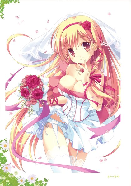 Anime picture 2457x3500 with yuyi single long hair tall image highres light erotic blonde hair smile red eyes pantyshot girl thighhighs dress flower (flowers) petals white thighhighs bouquet wedding dress