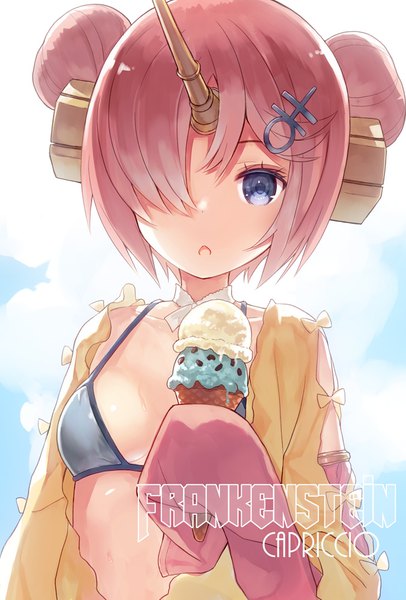 Anime picture 677x1000 with fate (series) fate/grand order fate/apocrypha frankenstein's monster (fate) frankenstein's monster (swimsuit saber) (fate) capriccio single tall image looking at viewer blush fringe short hair blue eyes light erotic signed pink hair upper body horn (horns) hair over one eye :o
