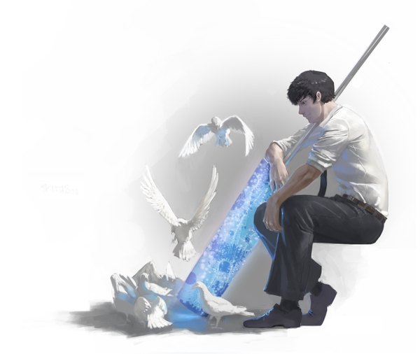 Anime picture 2712x2288 with tokyo ghoul studio pierrot koutarou amon virus76 highres short hair black hair simple background white background sitting looking away sunlight muscle twisty sleeves boy weapon animal shirt necktie boots