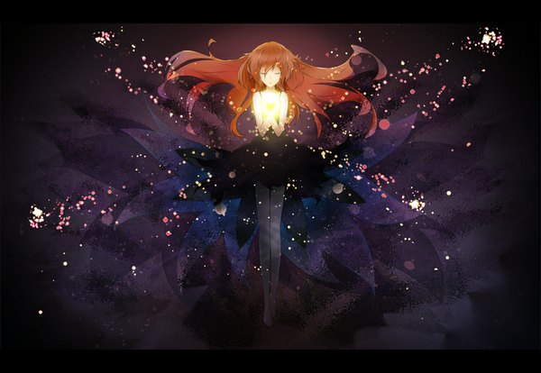 Anime picture 1000x690 with black bullet kinema citrus aihara enju sevens (treefeather) single long hair brown hair bare shoulders eyes closed barefoot magic letterboxed praying girl dress pantyhose black dress