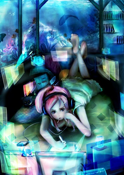 Anime picture 2480x3507 with original zhang xiao bo single tall image highres short hair barefoot crossed legs legs up writing girl water headphones fish (fishes) pen