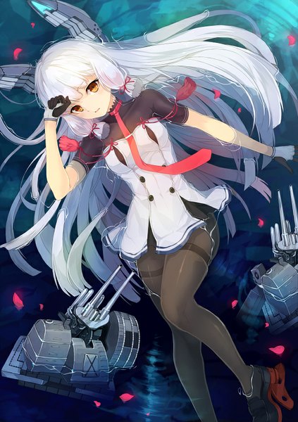 Anime picture 590x835 with kantai collection murakumo destroyer sakuma shiki single long hair tall image looking at viewer fringe yellow eyes looking away bent knee (knees) white hair parted lips from above short sleeves partially submerged tress ribbon girl gloves uniform