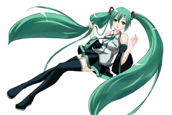 Anime picture 1274x850 with vocaloid hatsune miku yoshini (shini112) single simple background smile white background twintails very long hair aqua eyes aqua hair girl thighhighs skirt black thighhighs detached sleeves necktie