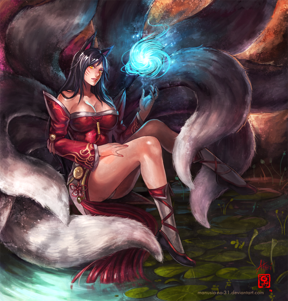 Anime picture 1063x1112 with league of legends ahri (league of legends) manusia-no-31 single long hair tall image black hair sitting bare shoulders signed animal ears yellow eyes nail polish animal tail fox ears magic facial mark fox tail multiple tails whisker markings