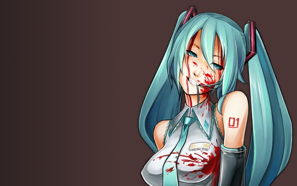 Anime picture 1440x900 with vocaloid hatsune miku single long hair looking at viewer breasts simple background smile wide image twintails bare shoulders aqua eyes aqua hair teeth tattoo mouth hold bloody clothes bleeding girl detached sleeves