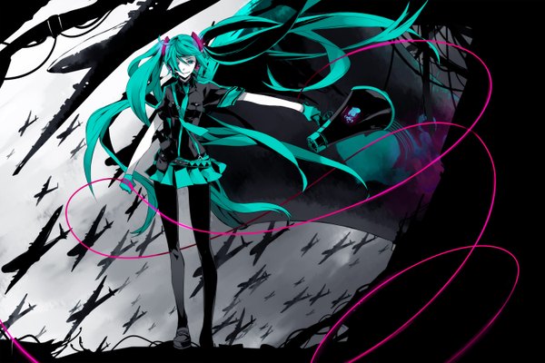 Anime picture 3000x2000 with vocaloid koi wa sensou (vocaloid) hatsune miku ayko (artist) long hair highres smile twintails green eyes absurdres very long hair aqua eyes green hair aqua hair girl gloves miniskirt necktie wire (wires) aircraft