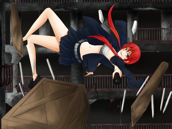 Anime picture 1400x1050 with to aru majutsu no index j.c. staff musujime awaki long hair red eyes twintails red hair midriff ruins girl skirt navel miniskirt bandage (bandages) box