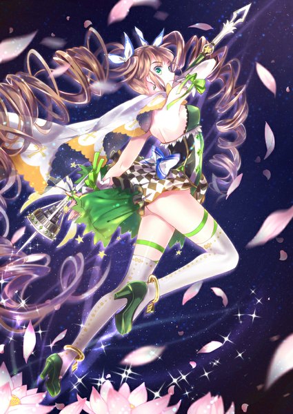 Anime picture 645x911 with original momoko (momoko14) single tall image brown hair green eyes very long hair drill hair girl thighhighs dress flower (flowers) weapon petals white thighhighs