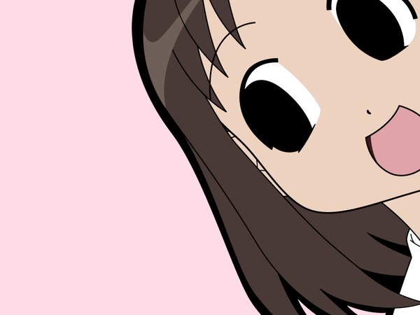 Anime picture 1600x1200 with azumanga daioh j.c. staff kasuga ayumu single open mouth black hair looking away black eyes happy close-up pink background face girl