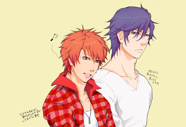 Anime picture 1496x1029 with uta no prince-sama a-1 pictures ichinose tokiya ittoki otoya sukichi short hair open mouth blue eyes simple background red eyes blue hair red hair plaid boy choker jacket t-shirt musical note