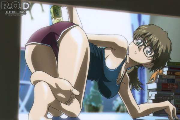Anime picture 1280x854 with read or die j.c. staff sumiregawa nenene single breasts light erotic brown hair bare shoulders signed cleavage ponytail looking back barefoot from behind scan inscription grey eyes cameltoe girl glasses