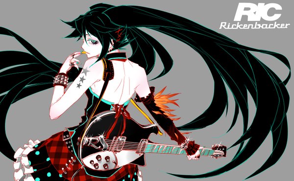 Anime picture 1619x1000 with vocaloid hatsune miku fuse ryuuta single long hair simple background wide image twintails bare shoulders nail polish looking back aqua eyes green hair from behind inscription grey background piercing back lacing girl