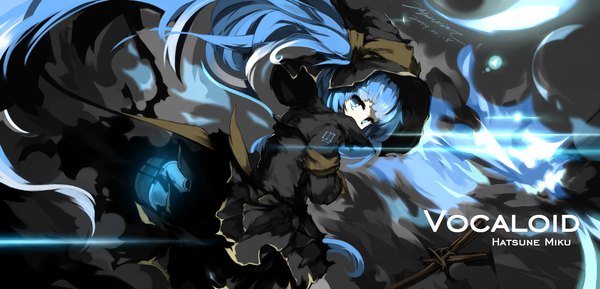 Anime picture 2900x1400 with vocaloid hatsune miku mivit single looking at viewer fringe highres blue eyes wide image twintails signed blue hair very long hair alternate costume character names pale skin witch girl dress hat