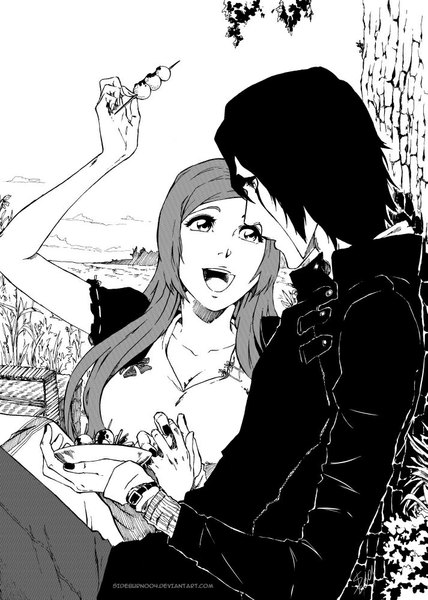 Anime picture 713x1000 with bleach studio pierrot inoue orihime ulquiorra schiffer sideburn004 tall image breasts open mouth black hair large breasts holding cleavage nail polish fingernails alternate costume couple monochrome happy espada girl