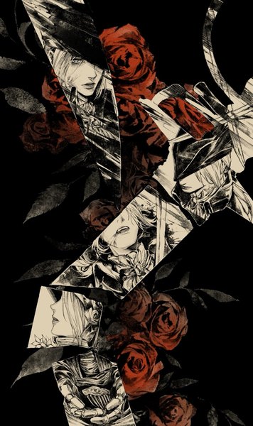 Anime picture 1025x1728 with bloodborne from software lady maria of the astral clocktower megasus tall image looking at viewer simple background black background multiview broken broken weapon girl flower (flowers) weapon hat rose (roses) red rose