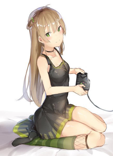 Anime picture 1734x2382 with girls frontline rfb (girls frontline) aida single long hair tall image looking at viewer blush highres simple background smile brown hair white background sitting holding green eyes full body ahoge shiny skin wariza