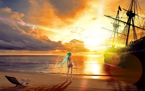 Anime picture 1920x1200 with vocaloid hatsune miku wokada single long hair blush highres wide image twintails bare shoulders sky cloud (clouds) ass barefoot aqua hair beach back evening sunset girl