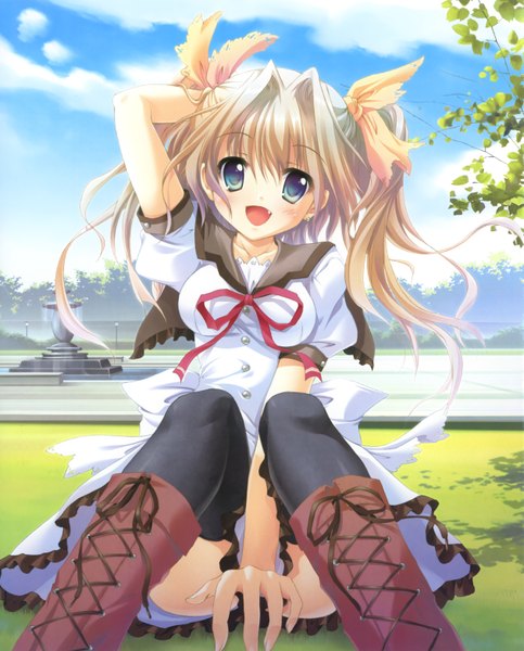 Anime picture 2517x3128 with izumi tsubasu single tall image blush highres open mouth blonde hair twintails green eyes girl thighhighs bow ribbon (ribbons) black thighhighs hair bow serafuku boots