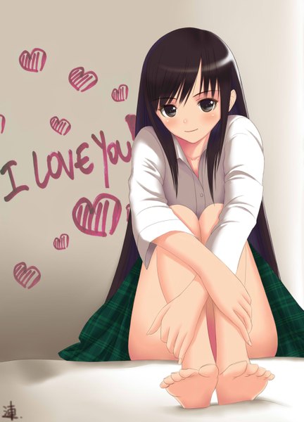 Anime picture 2125x2952 with original xiao lian single long hair tall image looking at viewer blush fringe highres black hair sitting signed barefoot black eyes girl skirt heart